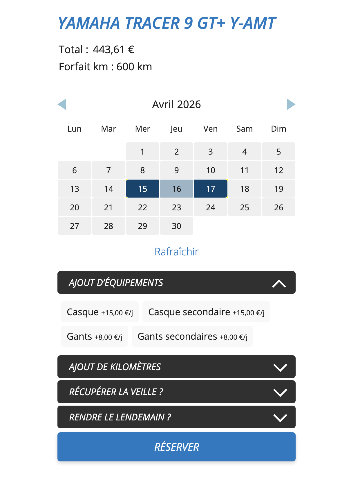 Capture d'écran de la fiche moto dont l'ajout d'équipements