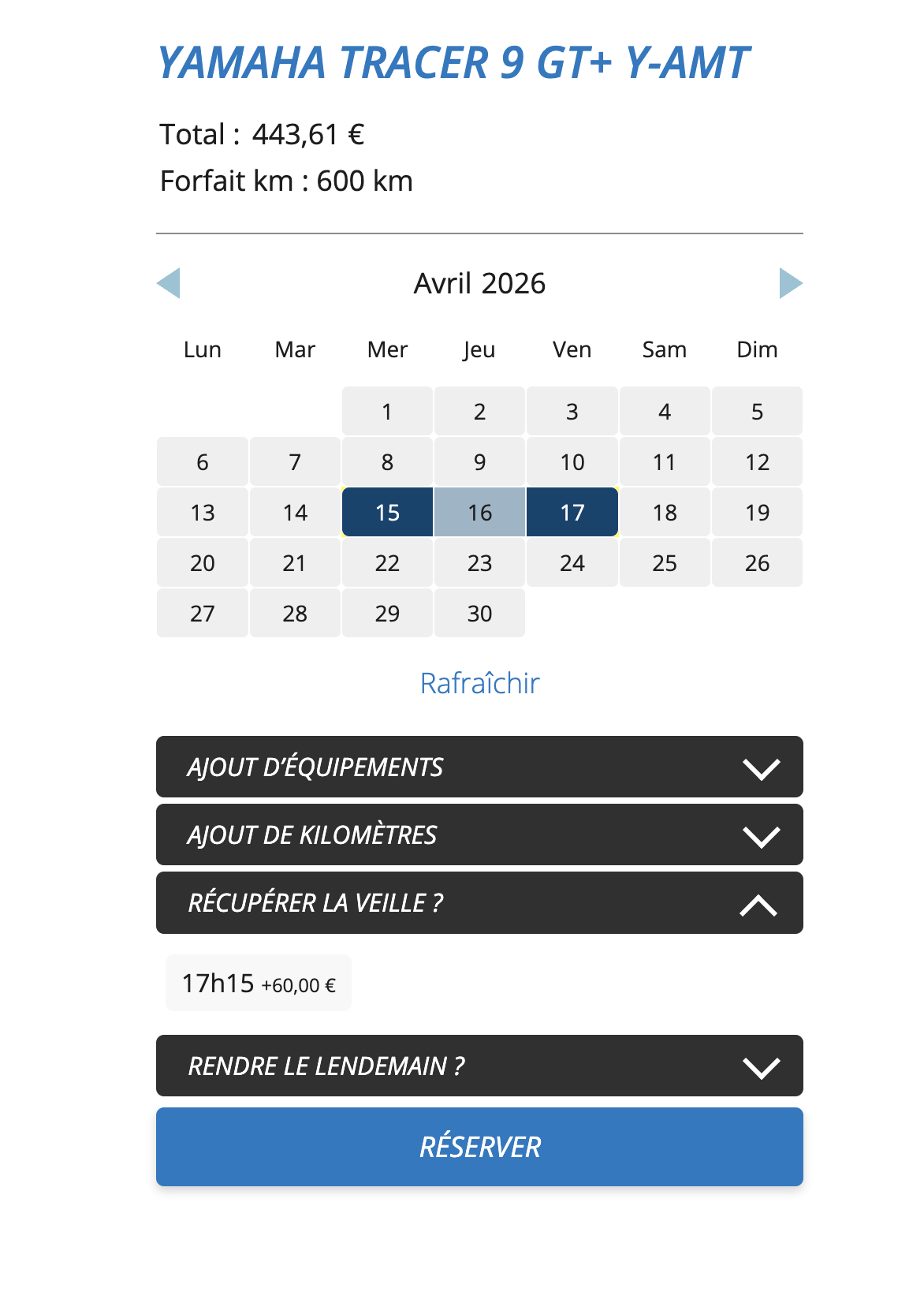 Capture d'écran de la fiche moto dont l'ajout d'équipements